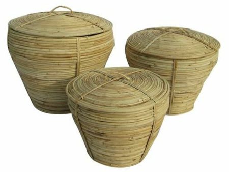 Basket set DKD Home Decor With lid Natural Rattan Tropical (3 Pieces) (35 x 35 x 30 cm) Online Hot Sale